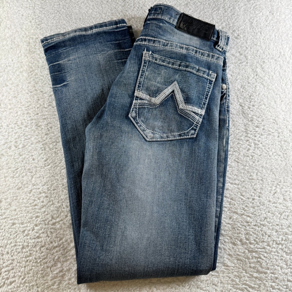 True Luck Jeans Mens 30x32 Blue Fair READ Tear Contrast Stitch Straight Leg